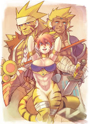 Rule 34 | 1girl, 2boys, animal ears, bandages, bandana, belt, blonde hair, body fur, breasts, breath of fire, breath of fire ii, breath of fire iii, breath of fire iv, bustier, capcom, cat boy, cat ears, cat tail, choker, cleavage, cray (breath of fire), crossover, dagger, facial mark, furry, headband, highres, knife, multiple boys, no panties, orange hair, pointy ears, rei (breath of fire), rinpoo chuan, short hair, tagme, tail, tiger stripes, weapon