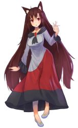 Rule 34 | 1girl, animal ears, brown hair, crescent, dress, fang, full body, highres, imaizumi kagerou, jewelry, long hair, long sleeves, looking at viewer, md5 mismatch, open mouth, oruka (kamituki0827), red eyes, resized, resolution mismatch, shoes, simple background, solo, source larger, touhou, very long hair, white background, wide sleeves, wolf ears