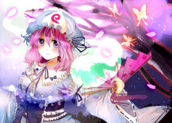 Rule 34 | 1girl, bad id, bad pixiv id, breasts, bug, butterfly, cherry blossoms, hand fan, female focus, folding fan, hat, hitodama, bug, japanese clothes, large breasts, long sleeves, night, obi, petals, pink eyes, pink hair, ribbon, saigyouji yuyuko, sash, satoupote, short hair, smile, solo, touhou, tree, triangular headpiece, wide sleeves