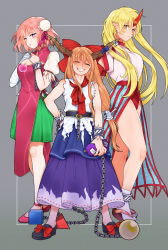 Rule 34 | 3girls, bandages, bandaged arm, bandages, black footwear, blonde hair, blue skirt, blush, bow, breasts, buruma, chain, cleavage, cleavage cutout, clothing cutout, commentary, cube, cuffs, double bun, expressionless, closed eyes, facing viewer, fangs, flat chest, flower, footwear bow, full body, gourd, green skirt, grey background, grin, hair bow, hands on own chest, head tilt, highres, holding, horns, hoshiguma yuugi, ibaraki kasen, ibuki suika, large breasts, layered skirt, long hair, looking at viewer, low-tied long hair, multiple girls, neck ribbon, open clothes, open skirt, orange hair, own hands together, pink eyes, pink flower, pink footwear, pink hair, pink rose, pleated skirt, pointy ears, puffy short sleeves, puffy sleeves, purple eyes, pyramid (geometry), red eyes, red neckwear, ribbon, rose, sandals, shackles, sharp teeth, shirt, shoes, short hair, short sleeves, sibata maru, simple background, single horn, skirt, sleeveless, sleeveless shirt, smile, orb, standing, tabard, tabi, teeth, thighs, touhou, untucked shirt, very long hair, white legwear, white shirt