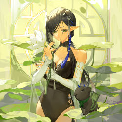 Rule 34 | 1girl, arknights, baku (creature), black hair, black nails, blacknight (arknights), blacknight (summer flower) (arknights), blue hair, breasts, casual one-piece swimsuit, cowboy shot, detached sleeves, eyebrow piercing, flower, green eyes, hair extensions, hair ornament, highres, holding, holding flower, horns, large breasts, looking at viewer, lotus, mole, mole on breast, mole on shoulder, multicolored hair, nail polish, official alternate costume, one-piece swimsuit, parted lips, piercing, plant, pointy ears, smile, solo, strapless, strapless one-piece swimsuit, streaked hair, swimsuit, tassel, tassel hair ornament, white flower, white sleeves, ziyiganmu