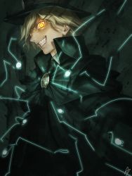 Rule 34 | 1boy, amino (tn7135), black coat, blonde hair, coat, edmond dantes (fate), electricity, evil grin, evil smile, fate/grand order, fate (series), fedora, from below, glowing, glowing eyes, grin, hat, looking at viewer, male focus, short hair, smile, solo, upper body, yellow eyes