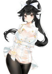 Rule 34 | 1girl, absurdres, animal ears, azur lane, black hair, black pantyhose, bow, bra, bra visible through clothes, breasts, brown eyes, buttons, closed mouth, clothes pull, dog ears, extra ears, hair bow, hair ears, hair flaps, highres, large breasts, long hair, military, military uniform, panties, pantyhose, pantyhose pull, pleated skirt, ponytail, see-through, skirt, takao (azur lane), underwear, uniform, white background, white bow, yukineko1018