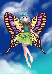 Rule 34 | 1girl, antennae, aqua hair, barefoot, blush, butterfly wings, dress, eternity larva, fairy, full body, green dress, highres, insect wings, leaf, leaf on head, looking at viewer, miujo, multicolored clothes, multicolored dress, open mouth, orange eyes, short hair, short sleeves, sky, smile, solo, touhou, wings