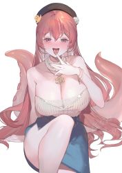 Rule 34 | 1girl, :d, absurdres, bare shoulders, blush, bracelet, breasts, cleavage, detached collar, earrings, finger to mouth, fingernails, hair ornament, hairclip, hat, high-waist skirt, highres, hoop earrings, hoshizora midoriko, huge breasts, jewelry, long fingernails, long hair, looking at viewer, mirolive, necklace, open mouth, purple eyes, red hair, sample watermark, side slit, simple background, skirt, smile, solo, strapless, tabasuko (mirolive), tentacles, tongue, tongue out, very long hair, virtual youtuber, watermark, white background