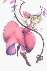 Rule 34 | 1girl, absurdres, ascot, black footwear, blonde hair, boots, collar, collared dress, commentary, cross-laced footwear, crystal, danboru (jdanboru1182), dress, fang, flandre scarlet, frilled collar, frilled dress, frills, full body, hat, hat ribbon, highres, holding, holding weapon, lace-up boots, laevatein, leaning forward, looking at viewer, medium dress, medium hair, mob cap, open mouth, pointy ears, puffy short sleeves, puffy sleeves, red dress, red eyes, red ribbon, ribbon, short sleeves, simple background, skin fang, smile, solo, spread legs, standing, standing on one leg, touhou, weapon, white hat, wings, yellow ascot