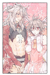Rule 34 | 2boys, abs, ascot, border, brown hair, clenched hands, commentary request, crossdressing, crossed bangs, dress, eyes visible through hair, fate/grand order, fate (series), flying sweatdrops, gedougawa, gloves, green eyes, grey ribbon, hair between eyes, hair bun, long bangs, long hair, looking at another, looking at viewer, male focus, messy hair, multiple boys, navel, neck ribbon, open mouth, orange ascot, petticoat, pink dress, red eyes, red shirt, ribbon, shirt, short hair, shrug (clothing), sieg (fate), siegfried (fate), single hair bun, sleeveless, sleeveless dress, white border, white gloves