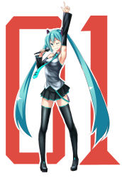 Rule 34 | 1girl, absurdres, aqua eyes, aqua hair, arm up, armpits, black thighhighs, boots, detached sleeves, hair ornament, hatsune miku, highres, long hair, microphone, necktie, one eye closed, shirt, skirt, smile, solo, thigh boots, thighhighs, twintails, very long hair, vocaloid, wink, zettai ryouiki, zi se