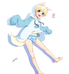 Rule 34 | 1boy, androgynous, barefoot, blonde hair, blue eyes, blush, briefs, classic fly briefs, dog boy, full body, green eyes, highres, hood, hoodie, koushisong, long sleeves, male focus, male underwear, midriff, midriff peek, navel, open mouth, original, polka dot, signature, simple background, sleeves past fingers, sleeves past wrists, smile, solo, ^^^, tail, underwear, white background