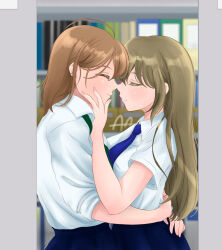 2girls arisugawa_arisu_(mainars) blue_necktie blue_skirt brown_hair closed_eyes closed_mouth collared_shirt commentary_request from_side green_necktie hand_on_another&#039;s_face hands_on_another&#039;s_waist highres indoors library long_hair medium_hair mole mole_under_eye multiple_girls necktie noses_touching original profile shirt skirt smile white_shirt yuri