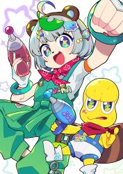 Rule 34 | 1boy, 1girl, animal ears, blush, clenched hand, energy gun, green overalls, grey hair, hair ornament, hairclip, highres, holding, holding weapon, leaf, leaf on head, looking at viewer, mode aim, multicolored nails, mzh, nail polish, open mouth, peanuts-kun, ponpoko (vtuber), raccoon ears, raccoon girl, raccoon tail, ray gun, red scarf, scarf, short hair, short sleeves, tail, virtual youtuber, weapon