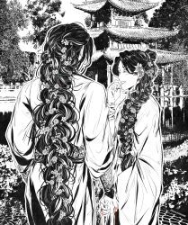 2boys absurdres architecture bandaged_arm bandaged_neck bandages beads belt blush bracer braid braided_ponytail chinese_clothes closed_eyes commentary couple earrings east_asian_architecture english_commentary floating_earring flower from_behind garden greyscale hair_beads hair_bun hair_flower hair_ornament hand_to_own_mouth hanfu highres holding_hands hua_cheng jewelry lake long_hair long_sleeves male_focus monochrome multiple_boys outdoors outline parted_bangs path photo_background reflection reflective_water road robe single_braid single_hair_bun smile spot_color string string_around_finger string_of_fate tamtam_(dahliadenoire) tianguan_cifu too_many_flowers tree very_long_hair water white_flower white_outline wide_sleeves xie_lian yaoi