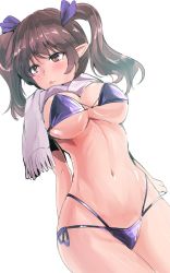 Rule 34 | 1girl, arm behind back, bikini, blush, breasts, brown eyes, brown hair, commentary request, cowboy shot, dutch angle, grey scarf, hair ribbon, highleg, highleg bikini, highres, himekaidou hatate, large breasts, long hair, navel, one-hour drawing challenge, pointy ears, purple bikini, purple ribbon, ribbon, scarf, side-tie bikini bottom, simple background, solo, standing, stomach, swimsuit, thighs, touhou, twintails, white background, y2
