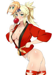 Rule 34 | 1girl, :p, aqua eyes, artoria pendragon (all), artoria pendragon (fate), ass, blonde hair, blush, breasts, candy apple, cleavage, fate/apocrypha, fate (series), food, fundoshi, highres, japanese clothes, kagemusha, looking at viewer, mask, mordred (fate), mordred (fate/apocrypha), ponytail, saber (fate), simple background, smile, solo, thighhighs, tongue, tongue out, white background