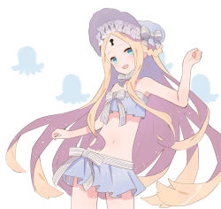 Rule 34 | 1girl, abigail williams (fate), abigail williams (swimsuit foreigner) (fate), abigail williams (swimsuit foreigner) (third ascension) (fate), bare shoulders, bikini, blonde hair, blue eyes, blush, bonnet, bow, braid, braided hair rings, breasts, fate/grand order, fate (series), forehead, hair bow, hair rings, long hair, looking at viewer, miniskirt, navel, open mouth, parted bangs, sidelocks, skirt, small breasts, smile, solo, swimsuit, thighs, twin braids, twintails, very long hair, white background, white bikini, white bow, white headwear, zenshin