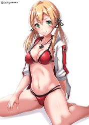Rule 34 | 10s, 1girl, alternate costume, anchor symbol, arm behind back, bikini, black ribbon, blonde hair, breasts, cleavage, collarbone, cross, fingernails, green eyes, hair ribbon, halterneck, hand on own thigh, hand on thigh, iron cross, jewelry, kantai collection, long sleeves, low ponytail, medium breasts, multi-strapped bikini bottom, navel, necklace, open clothes, open shirt, pendant, prinz eugen (kancolle), red bikini, ribbon, sakiyamama, shirt, simple background, sitting, sleeves past elbows, solo, spread legs, stomach, string bikini, swimsuit, twintails, white background, white shirt