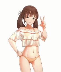 Rule 34 | 1girl, bare shoulders, bikini, blush, bracelet, breasts, brown eyes, brown hair, contrapposto, cowboy shot, deatheach, front-tie bikini top, front-tie top, hand on own hip, highres, jewelry, long hair, looking at viewer, medium breasts, navel, original, see-through, shiny skin, shirt, simple background, smile, solo, standing, swimsuit, twintails, w, white background, yellow bikini