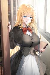 Rule 34 | 1girl, absurdres, black capelet, black jacket, blonde hair, blue eyes, blush, book, bow, bowtie, breasts, capelet, collared dress, dress, highres, holding, holding book, indoors, jacket, large breasts, library, lillly, long hair, long sleeves, looking at viewer, original, red bow, red bowtie, shelf, sidelocks, smile, solo, sunlight, two-tone dress, white dress, window