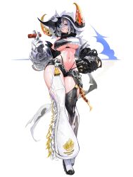 Rule 34 | 1girl, absurdres, asymmetrical legwear, black hair, black shorts, black thighhighs, breasts, crop top, full body, gauntlets, grey hair, grin, hair over one eye, hand on own hip, high heels, highres, holding, horns, large breasts, medium hair, micro shorts, mismatched legwear, mole, mole on breast, multicolored hair, navel, original, rogger92, shorts, simple background, smile, solo, standing, stomach, streaked hair, thighhighs, underboob, white background, white headwear, white thighhighs