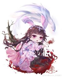 1girl animal_ears bare_shoulders blood blood_drop branch breasts brown_hair butterfly_brooch check_copyright chest_jewel chibi circle copyright_request dress earrings eyelashes fake_animal_ears fish flower flying_fish grey_footwear hand_on_own_knee highres jewelry long_dress long_hair long_sleeves medium_breasts original outstretched_hand pink_dress pink_eyes pink_gemstone rabbit_ears red_flower shoes simple_background solo source_request spider_lily third-party_source very_long_hair watermark weibo_watermark white_background xiyan_gloria_nanyou_jiamu