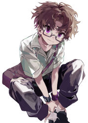 Rule 34 | 1boy, absurdres, bag, black footwear, brown hair, child, closed mouth, collared shirt, commentary request, eyewear on head, highres, looking at viewer, male focus, original, purple eyes, school bag, seeshin see, shirt, short sleeves, simple background, socks, watch, white background, wristwatch
