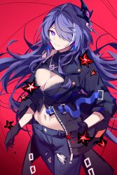 Rule 34 | 1girl, absurdres, acheron (honkai: star rail), black pants, breasts, cleavage, cleavage cutout, clothing cutout, cowboy shot, highres, honkai: star rail, honkai (series), jewelry, large breasts, long hair, looking at viewer, midriff, navel, necklace, pants, purple eyes, purple hair, single bare shoulder, solo, sparks summer, standing, stomach, very long hair