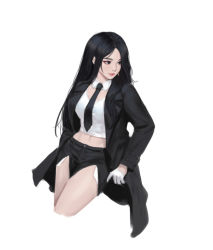 Rule 34 | 1girl, black coat, black eyes, black hair, black skirt, breasts, coat, cropped legs, detached collar, gloves, highres, large breasts, long sleeves, looking away, midriff, necktie, open clothes, open coat, original, pelvic curtain, shirt, simple background, siun, skirt, solo, thighs, white background, white gloves, white shirt