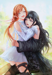 Rule 34 | black dress, black hair, blue eyes, blunt bangs, chin rest, dress, final fantasy, final fantasy xiv, gaia (ff14), hair ribbon, head on chest, head on head, head rest, hug, l&#039;estate, laughing, light smile, looking at another, orange hair, outdoors, ribbon, ryne waters, signature, thighhighs, wavy hair, white dress, wide sleeves, yuri