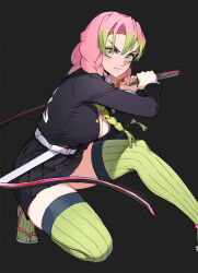 Rule 34 | 1girl, belt, black background, braid, breasts, cleavage, closed mouth, demon slayer uniform, fighting stance, foot out of frame, glaring, gradient hair, green eyes, green hair, green thighhighs, highres, holding, holding sword, holding weapon, jason kim, kanroji mitsuri, kimetsu no yaiba, large breasts, looking at viewer, miniskirt, mole, mole under each eye, mole under eye, multicolored hair, multiple moles, pink hair, pleated skirt, sandals, simple background, skirt, solo, sword, thighhighs, twin braids, two-tone hair, v-shaped eyebrows, weapon, whip sword, white belt, zettai ryouiki
