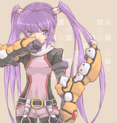 Rule 34 | 1girl, bad id, bad pixiv id, brown background, gauntlets, pota, pota (nabrinko), purple eyes, purple hair, solo, sophie (tales), tales of (series), tales of graces, twintails, wiping mouth