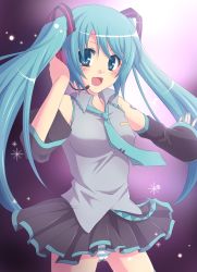 Rule 34 | 1girl, aqua eyes, aqua hair, bad id, bad pixiv id, bare shoulders, breasts, detached sleeves, female focus, gradient background, hatsune miku, headset, medium breasts, miki souya, necktie, open mouth, panties, pantyshot, pleated skirt, skirt, smile, solo, striped clothes, striped panties, twintails, underwear, vocaloid