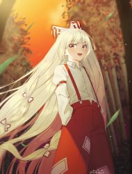 Rule 34 | 1girl, :d, bamboo, bamboo forest, blurry, blurry background, bow, buttons, collared shirt, forest, fujiwara no mokou, gradient sky, hair bow, hands in pockets, long hair, looking at viewer, multiple boys, nature, nupeya, ofuda, ofuda on clothes, open mouth, orange background, outdoors, pants, red eyes, red pants, shirt, signature, sky, smile, solo, standing, suspenders, touhou, twitter username, very long hair, white hair, white shirt