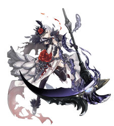Rule 34 | 1girl, absurdres, asymmetrical bangs, blood, blood on clothes, breasts, commentary request, elbow gloves, expressionless, feather trim, flower, full body, gloves, grey eyes, highres, holding, holding weapon, medium breasts, platform footwear, rose, scythe, silver trim, sinoalice, snow white (sinoalice), solo, thighhighs, torn clothes, tyesuco, weapon, white background, white hair