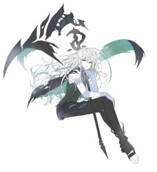Rule 34 | 1boy, ainchase ishmael, apostasia (elsword), b.nal, head rest, corruption, cracked skin, elsword, empty eyes, expressionless, floating, full body, green eyes, hair between eyes, hand on own knee, holding, holding scythe, crossed legs, long hair, looking at viewer, male focus, markings, messy hair, scythe, silver hair, sitting, sleeveless, solo, torn clothes, vest