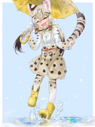 Rule 34 | 1girl, :d, ^ ^, absurdres, amemiya neru, animal ear fluff, animal ears, blonde hair, blue background, boots, bow, bowtie, brown hair, cat ears, cat tail, closed eyes, fangs, full body, geoffroy&#039;s cat (kemono friends), gradient background, hair between eyes, hair ribbon, happy, highres, kemono friends, long hair, long sleeves, low twintails, multicolored hair, open mouth, paw print, print bow, print bowtie, print neckwear, print skirt, print sleeves, print thighhighs, puddle, ribbon, rubber boots, shirt, signature, simple background, skirt, smile, solo, suspender skirt, suspenders, tail, thighhighs, twintails, two-tone hair, umbrella, water, white ribbon, white shirt, yellow footwear
