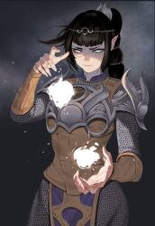 Rule 34 | 1girl, absurdres, arm guards, armor, baldur&#039;s gate, baldur&#039;s gate 3, black hair, casting spell, chainmail, chest guard, circlet, cowboy shot, dress, dungeons &amp; dragons, elf, fingernails, floating hair, frown, glowing, grey background, hair ornament, hand up, hashtag-only commentary, highres, leather armor, light particles, long fingernails, long hair, looking at viewer, magic, multi-tied hair, ori dal, pale skin, pauldrons, pelvic curtain, pointy ears, ponytail, robe, scar, scar on face, shadowheart (baldur&#039;s gate), sharp fingernails, shoulder armor, sidelocks, smoke, solo, spell, white eyes