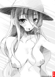 Rule 34 | 1girl, :d, anetai toyone, blush, breasts, gofu, greyscale, hat, long hair, looking at viewer, monochrome, nipples, nude, open mouth, saki (manga), sketch, smile, solo, traditional media