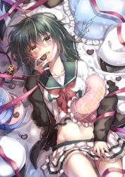 Rule 34 | 1girl, bad id, bad pixiv id, blush, box, breasts, chocolate, collarbone, commentary request, eyepatch, unworn eyepatch, gift, gift box, green eyes, green hair, hair between eyes, hat, jacket, kantai collection, kiso (kancolle), looking at viewer, lying, military, military uniform, naval uniform, navel, neckerchief, on back, on bed, open mouth, pillow, ribbon, sailor collar, school uniform, shirt, short hair, skirt, smile, solo, uniform, valentine, yuihira asu