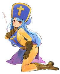 Rule 34 | 1girl, aqua hair, bodysuit, boots, breasts, cross, dragon quest, dragon quest iii, full body, gloves, hat, long hair, looking at viewer, mitre, mota, orange bodysuit, priest (dq3), red eyes, simple background, skin tight, smile, solo, square enix, tabard, white background
