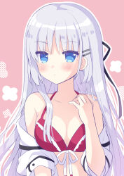 Rule 34 | 1girl, 2022, bare shoulders, bikini, black ribbon, blue eyes, blush, breasts, cleavage, closed mouth, clothes pull, collarbone, colored eyelashes, commentary request, dated commentary, eyes visible through hair, frilled bikini, frills, hair between eyes, hair ornament, hair ribbon, hairclip, halterneck, hand up, highres, hoshimame mana, long hair, looking at viewer, medium breasts, naruse shiroha, open clothes, open shirt, pink background, red bikini, ribbon, school uniform, shirt, shirt pull, sidelocks, simple background, solo, straight hair, summer pockets, swimsuit, swimsuit under clothes, upper body, very long hair, white hair, white ribbon, white shirt