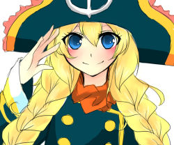 Rule 34 | 00s, 1girl, blonde hair, blue eyes, blush, braid, hat, long hair, looking at viewer, patty fleur, pirate costume, pirate hat, simple background, smile, solo, tales of (series), tales of vesperia, twin braids, white background