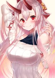 Rule 34 | 1girl, absurdres, bare shoulders, blonde hair, blush, bow, breasts, closed mouth, clothing cutout, collarbone, fate/grand order, fate (series), felnemo, hair bow, halterneck, highres, horns, large breasts, long hair, looking at viewer, multicolored hair, nail polish, oni horns, pink eyes, pink hair, pink nails, red bow, ringed eyes, shiny skin, shoulder cutout, silver hair, smile, solo, sweater, symbol-shaped pupils, tareme, tomoe gozen (fate), upper body, very long hair, white sweater, yellow background