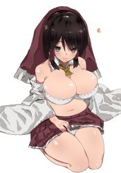 Rule 34 | 1girl, ascot, bare shoulders, belly, blush, bow, bra, breasts, brown eyes, brown hair, cleavage, clothes lift, detached collar, detached sleeves, hair bow, hair tubes, hakurei reimu, heart, large bow, large breasts, large ribbon, lifting own clothes, looking at viewer, medium hair, navel, aged up, panties, plump, polka dot, polka dot panties, seiza, topless male, sitting, skirt, skirt lift, smile, solo, thick thighs, thighs, touhou, underwear, zuttokodomo