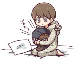 Rule 34 | 1boy, @ @, barefoot, brown hair, closed mouth, commentary request, employee (project moon), grey eyes, hatake shimeji, holding, holding stuffed toy, hood, hood down, kneeling, lobotomy corporation, long sleeves, no nose, on bed, onesie, pillow, project moon, short hair, stuffed toy, the perfect food, translation request, white background