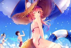 Rule 34 | 1boy, 2girls, animal ears, beach, bikini, black hair, blue bikini, blush, clenched teeth, commentary request, day, ears through headwear, fate/grand order, fate (series), fire, fox ears, fox tail, from side, fujimaru ritsuka (male), hat, horns, innertube, kiyohime (fate), kiyohime (swimsuit lancer) (third ascension) (fate), long hair, looking at viewer, md5 mismatch, multiple girls, one eye closed, outdoors, parted lips, pink hair, ponytail, resolution mismatch, revision, running, shiny skin, shorts, side-tie bikini bottom, smile, source larger, sparkle, straw hat, sun hat, swim ring, swimsuit, tail, tamamo (fate), tamamo no mae (fate/extra), tamamo no mae (swimsuit lancer) (fate), teeth, thighs, umbrella, untied bikini, white hair, yan (nicknikg), yellow eyes