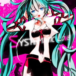 Rule 34 | 1girl, blue eyes, copyright name, female focus, green hair, hands on own head, hatsune miku, long hair, maclo, necktie, open mouth, skirt, solo, twintails, very long hair, vocaloid