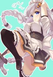 Rule 34 | &gt;:), 1girl, absurdres, apron, aqua background, arm up, backflip, black thighhighs, blue eyes, braid, breasts, commentary request, foreshortening, frilled thighhighs, frills, from above, full body, gluteal fold, grey hair, hakoniwa-boxer, highres, holding, holding mop, jumping, kizuna akari, legs, lips, long hair, looking at viewer, maid, maid apron, maid headdress, mary janes, medium breasts, mop, outline, panties, pantyshot, shoes, short sleeves, simple background, skirt, smile, solo, thighhighs, thighs, twin braids, underwear, very long hair, voiceroid, white outline