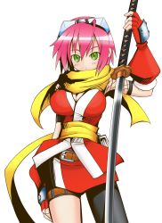 Rule 34 | 1girl, absurdres, belt, breasts, cleavage, elbow gloves, fishnets, gloves, goggles, gouma reifuden izuna, green eyes, highres, izuna (gouma reifuden izuna), katana, large breasts, ninja, pink hair, scarf, short hair, solo, spandex, standing, sword, thigh strap, transparent background, weapon