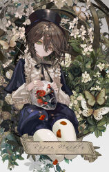 Rule 34 | 1girl, absurdres, black bow, black bowtie, black hat, bow, bowtie, branch, brown hair, bug, butterfly, closed mouth, fingernails, flower, green eyes, green flower, hair between eyes, hat, heterochromia, highres, insect, leaf, lolita fashion, looking at viewer, puffy sleeves, red eyes, red flower, red petals, rose, rozen maiden, short hair, sidelocks, smile, solo, souseiseki, top hat, white flower, white rose, wide sleeves, youamo