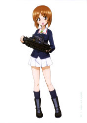 Rule 34 | 10s, 1girl, :d, absurdres, boots, brown hair, copyright name, full body, girls und panzer, highres, looking at viewer, military, military vehicle, miniskirt, motor vehicle, nishizumi miho, official art, open mouth, panzer iv, panzer iv, pleated skirt, short hair, simple background, skirt, smile, solo, standing, tank, thighs, white background, white skirt